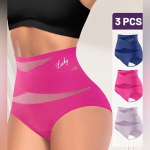 NEW! 3 piece set of High Waist Sheer Panel Shapewear Briefs - Pink/nude/lavender
